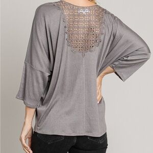Cerule Gray Crinkle Knit Lace Back Top Relaxed Flowy Long Sleeve NWT Sizes S-XL